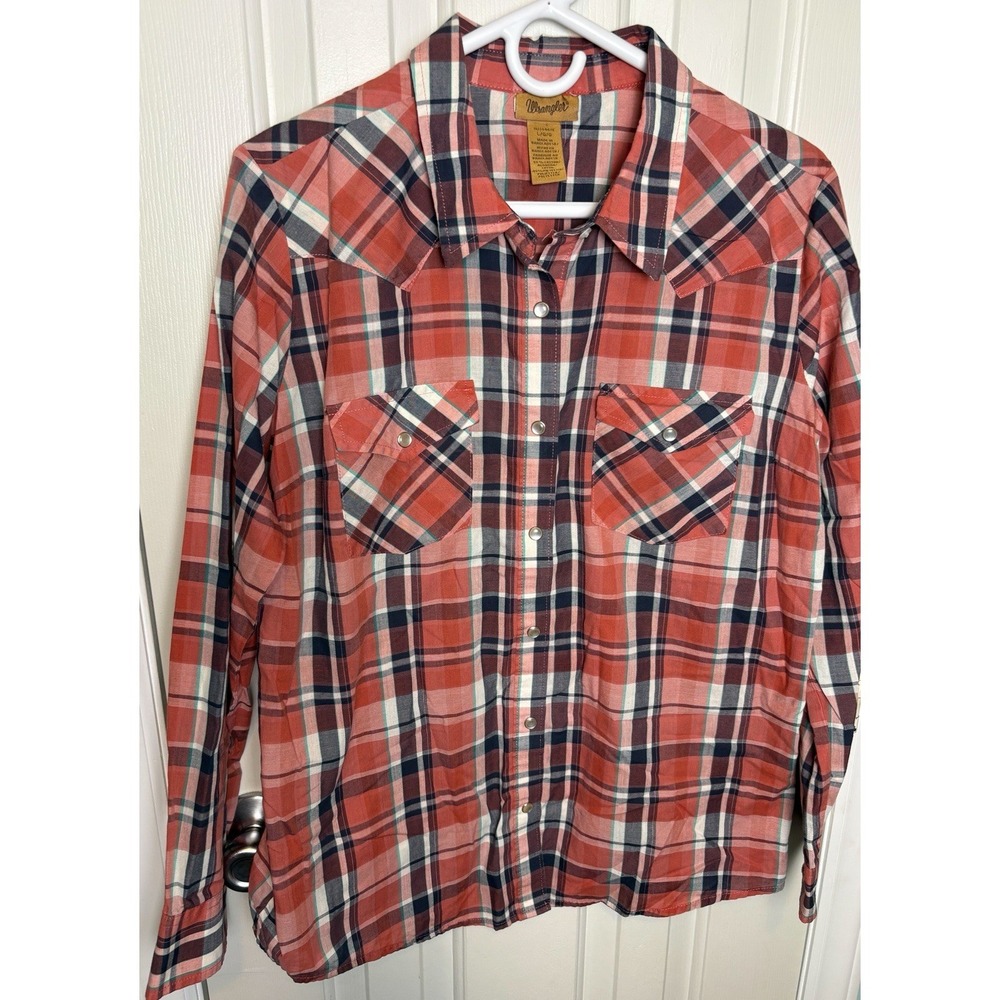 Wrangler Shirt Womens Size Large Pearl Snap Orange Plaid Long Sleeve Western Top